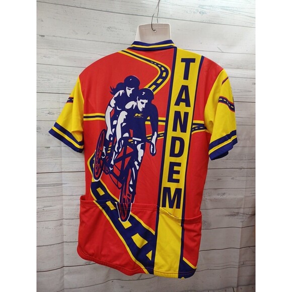 Vtg KUCHARIK CLOTHING Tandem Mens Bicycle Jersey Red Yellow USA Sz L Chest 40 - Picture 2 of 12